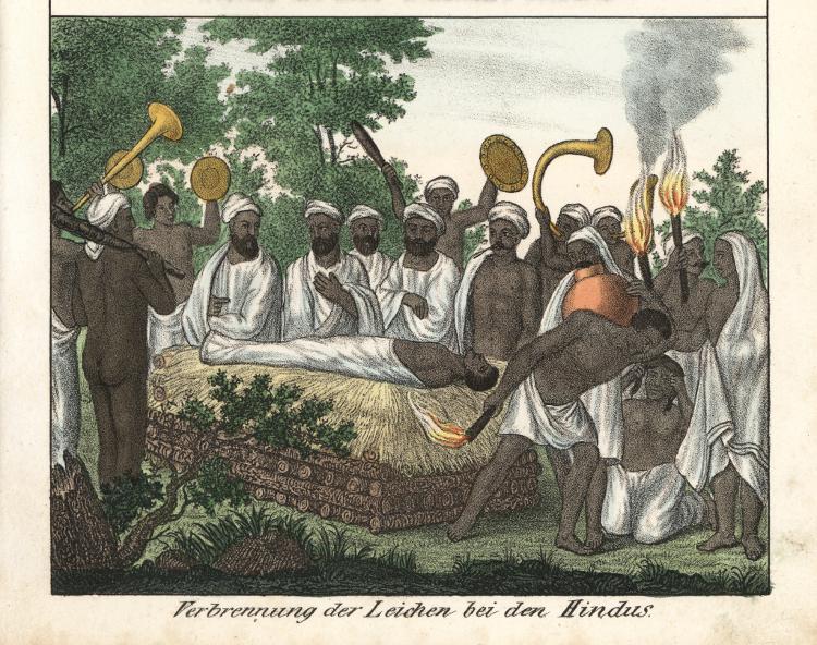 Ilustração histórica de uma cerimônia hindu de cremação, com pessoas reunidas ao redor de uma pira funerária.